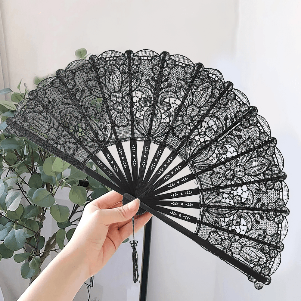 Black Lace Folding Hand Fan with Floral Gothic Detail