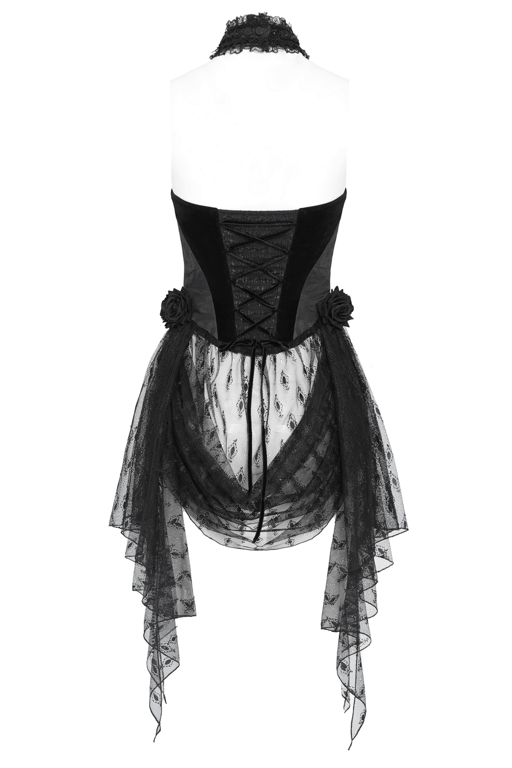 Black Lace Gothic Halterneck Top with Roses and Chains