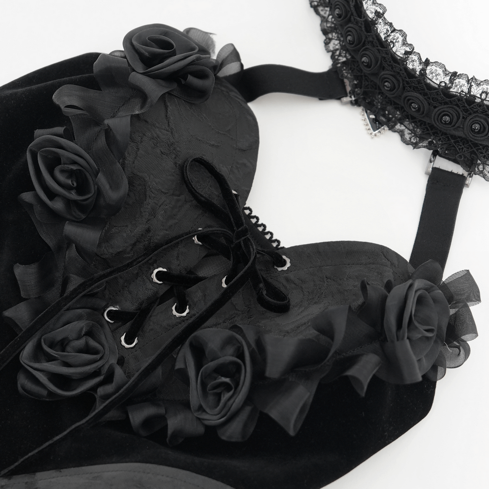Black Lace Gothic Halterneck Top with Roses and Chains