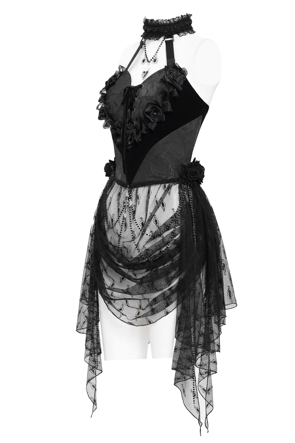 Black Lace Gothic Halterneck Top with Roses and Chains