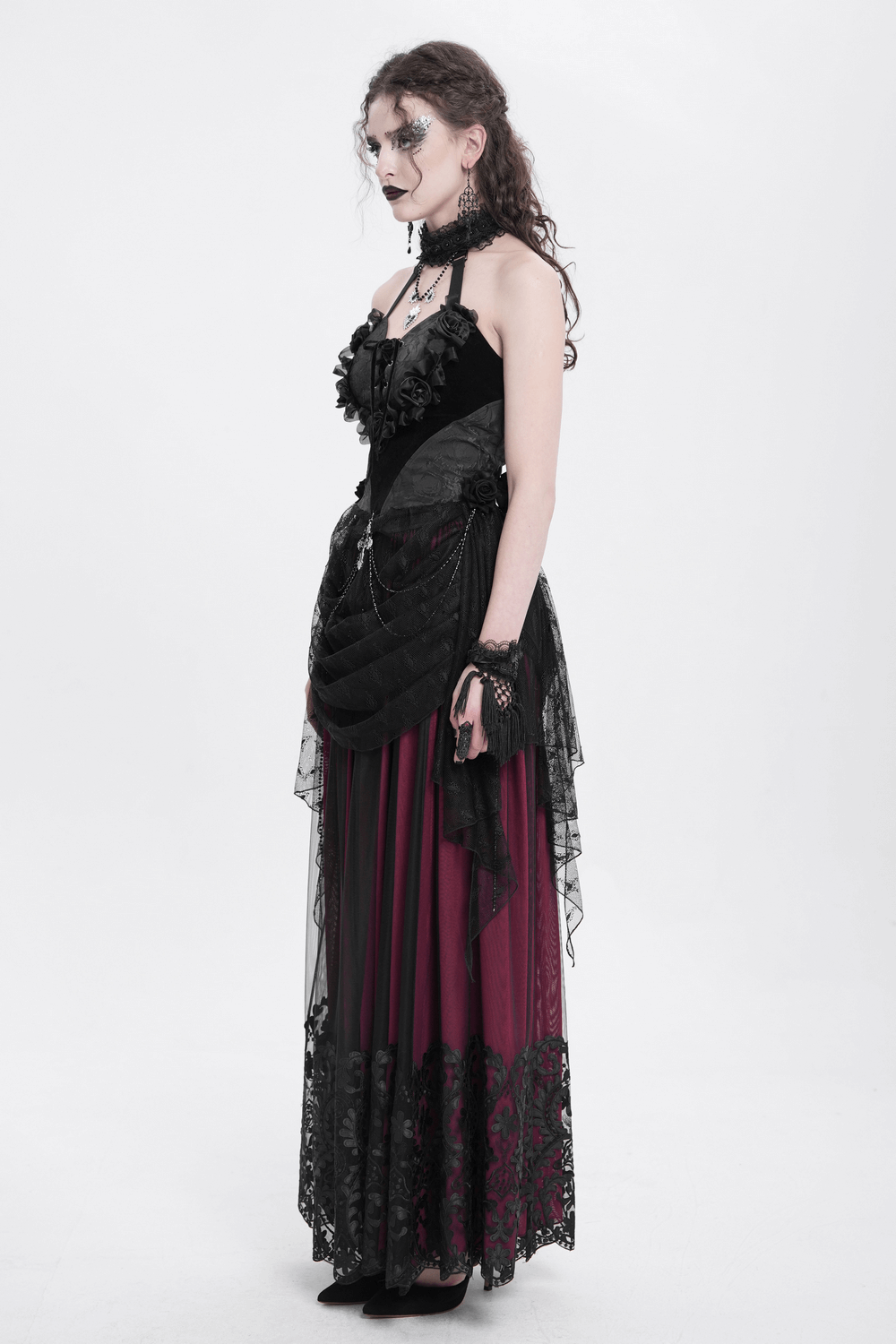 Black Lace Gothic Halterneck Top with Roses and Chains