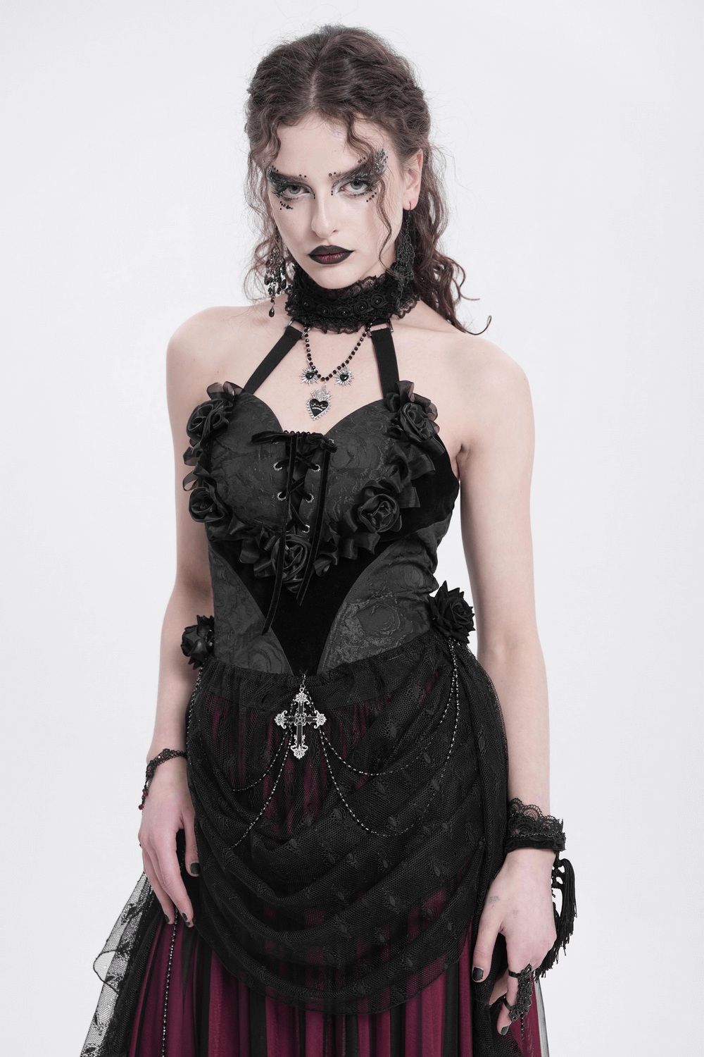 Black Lace Gothic Halterneck Top with Roses and Chains