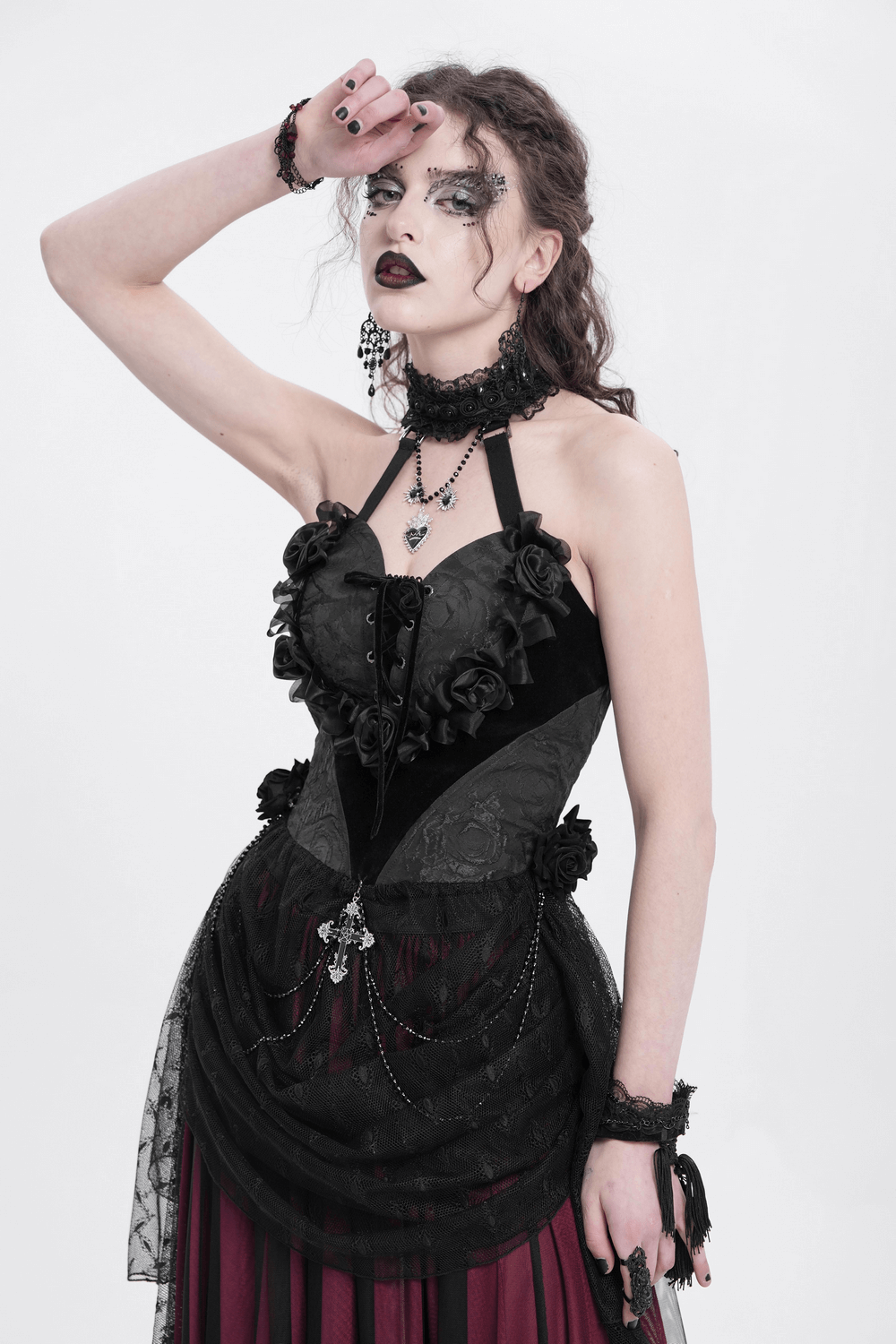 Black Lace Gothic Halterneck Top with Roses and Chains
