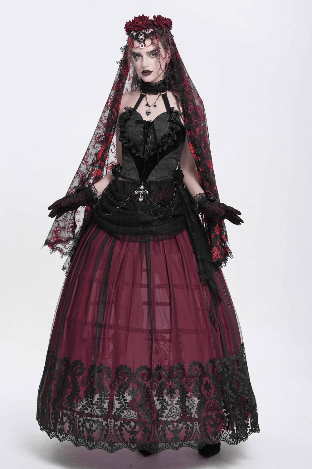 Black Lace Gothic Halterneck Top with Roses and Chains