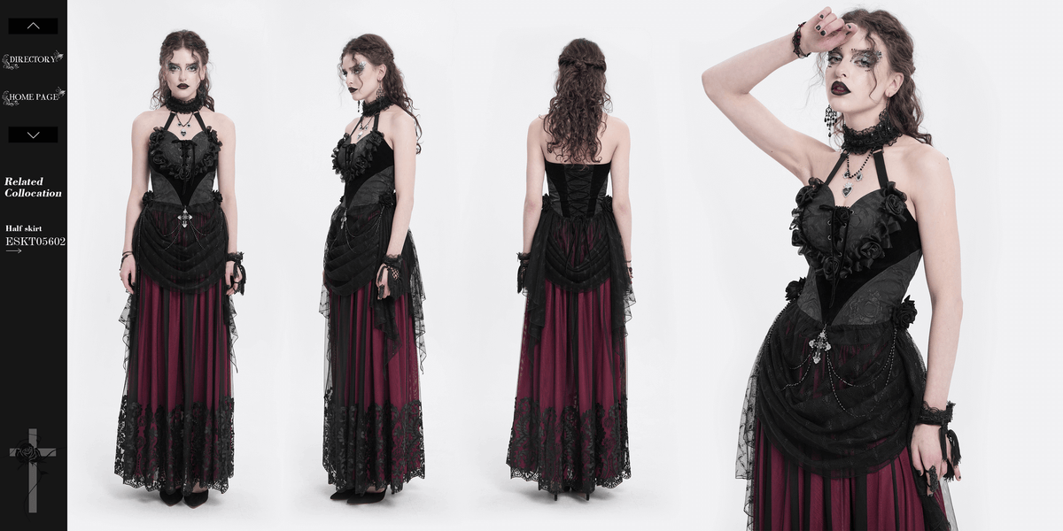 Black Lace Gothic Halterneck Top with Roses and Chains