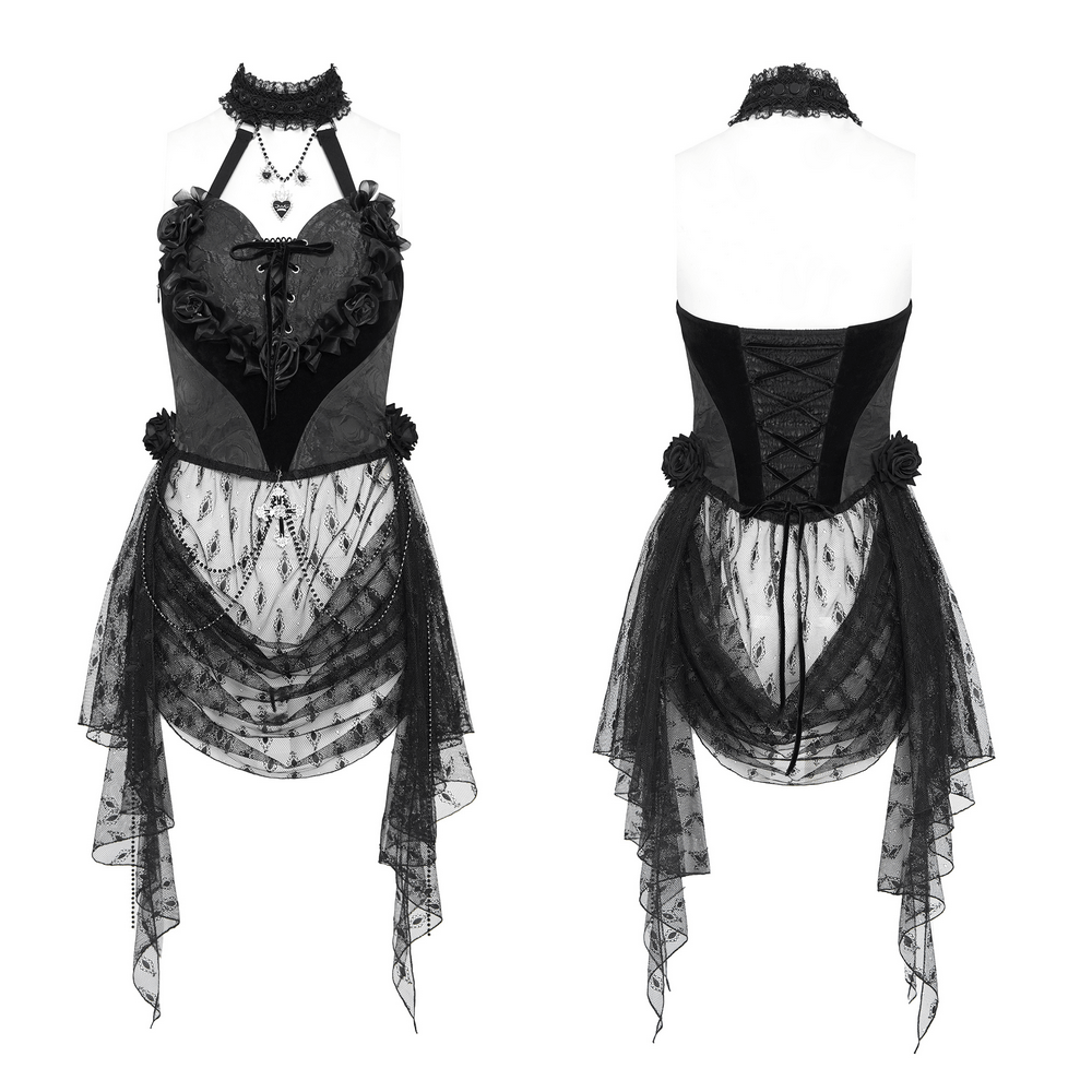 Black Lace Gothic Halterneck Top with Roses and Chains