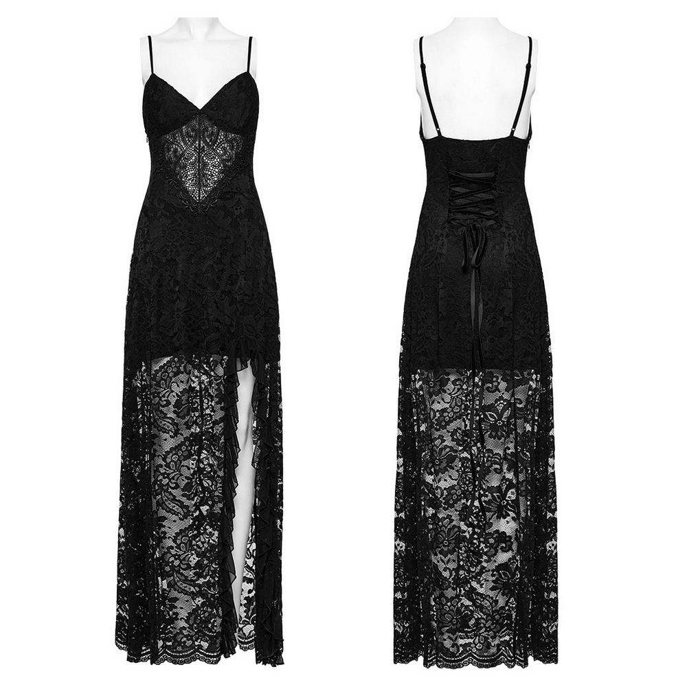Black Lace Gothic Maxi Dress with High Slit and Corset Back