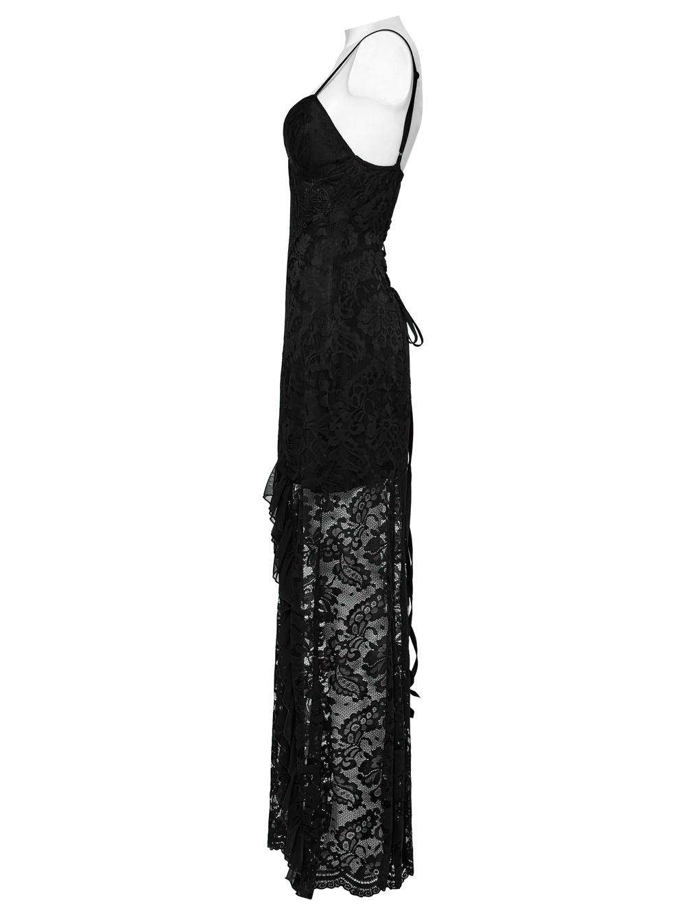 Black Lace Gothic Maxi Dress with High Slit and Corset Back