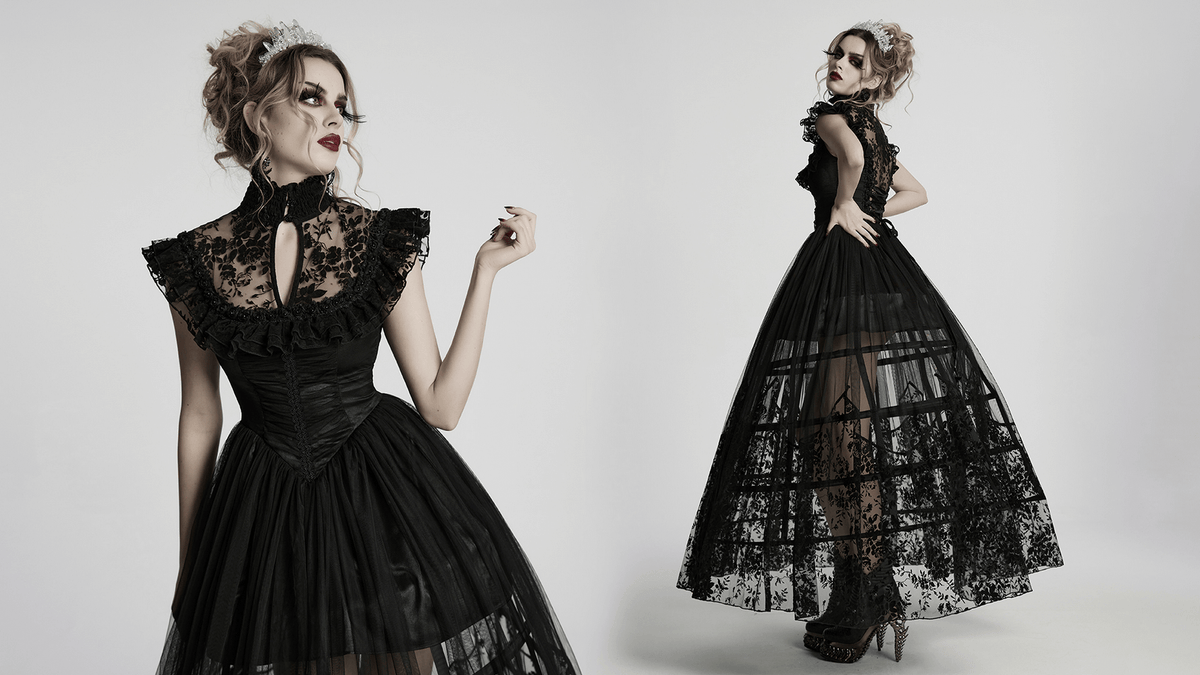 Black Lace Gothic Mesh Dress with Ruffle Sleeves