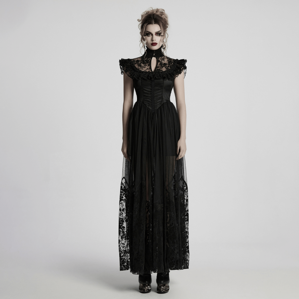 Black Lace Gothic Mesh Dress with Ruffle Sleeves