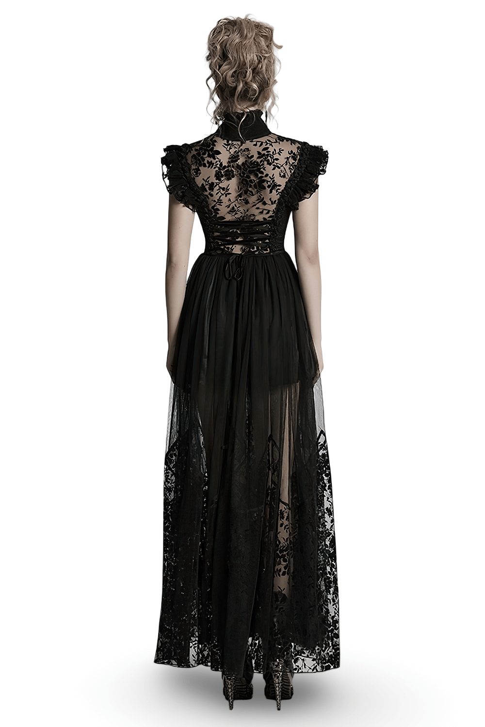 Black Lace Gothic Mesh Dress with Ruffle Sleeves