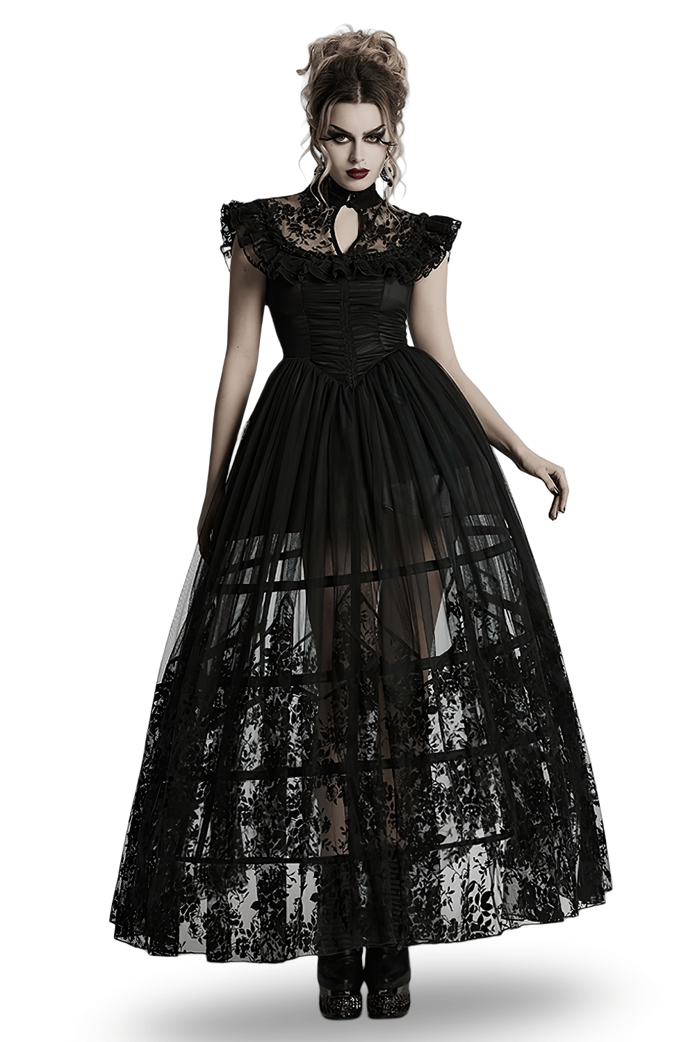 Black Lace Gothic Mesh Dress with Ruffle Sleeves