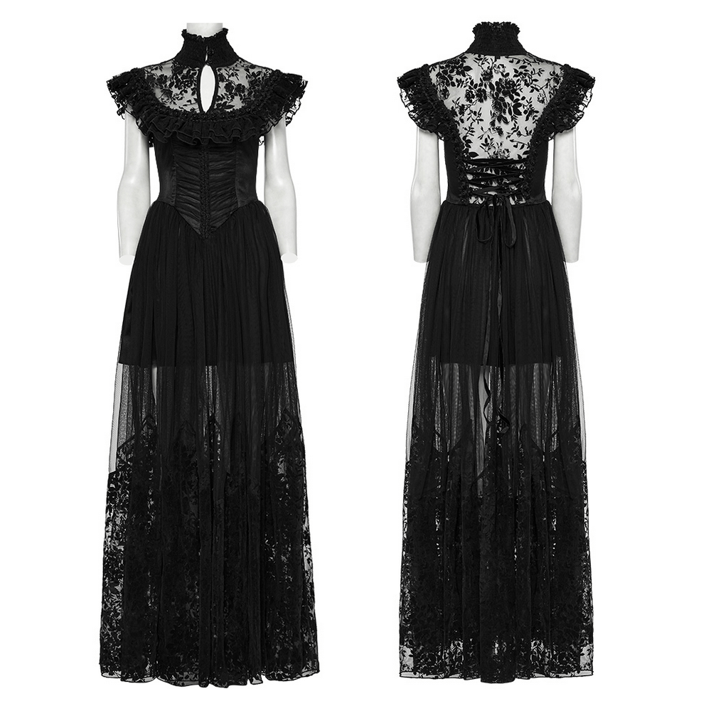 Black Lace Gothic Mesh Dress with Ruffle Sleeves