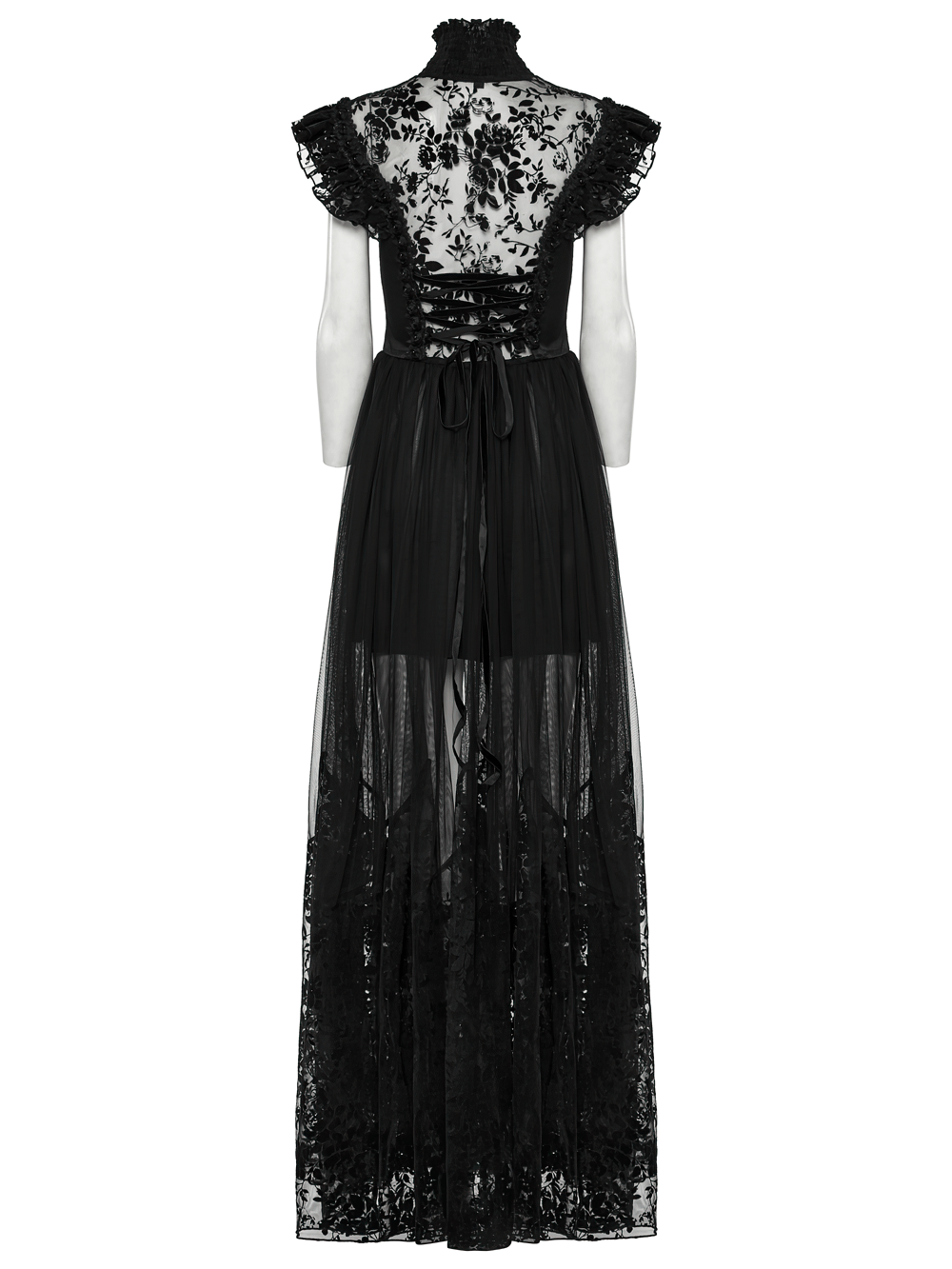 Black Lace Gothic Mesh Dress with Ruffle Sleeves