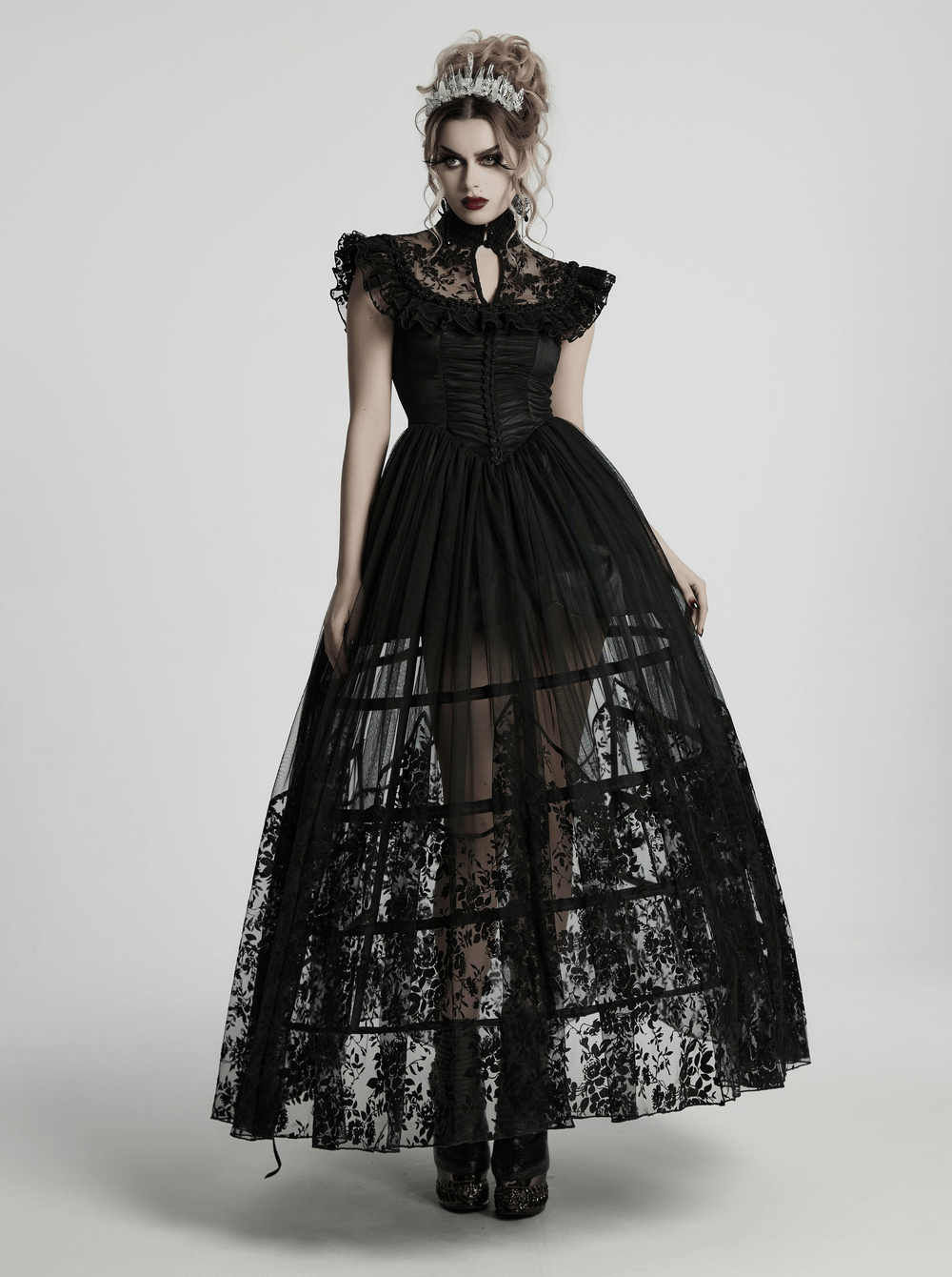 Black Lace Gothic Mesh Dress with Ruffle Sleeves