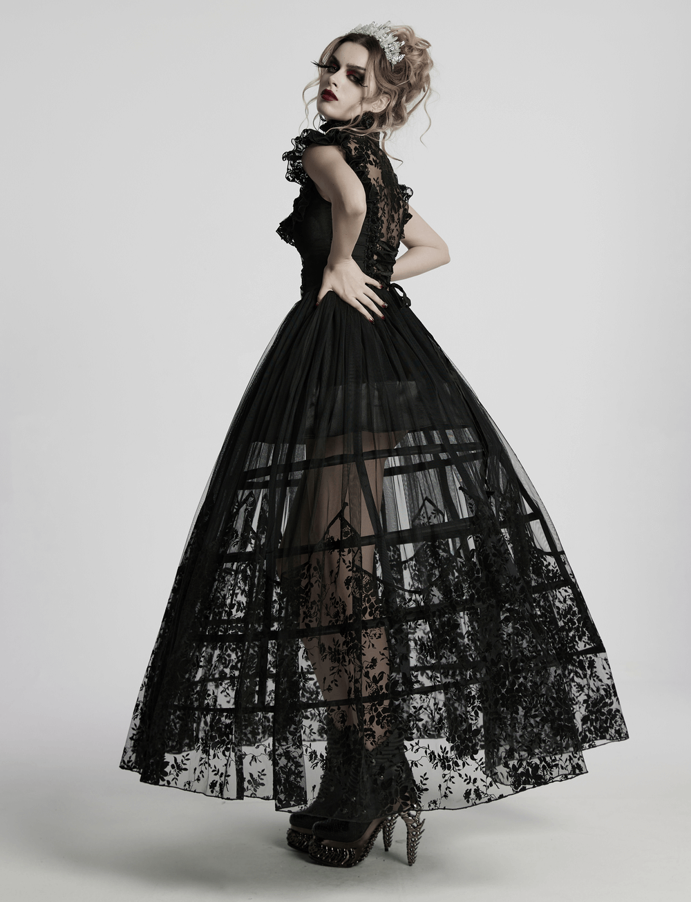 Black Lace Gothic Mesh Dress with Ruffle Sleeves
