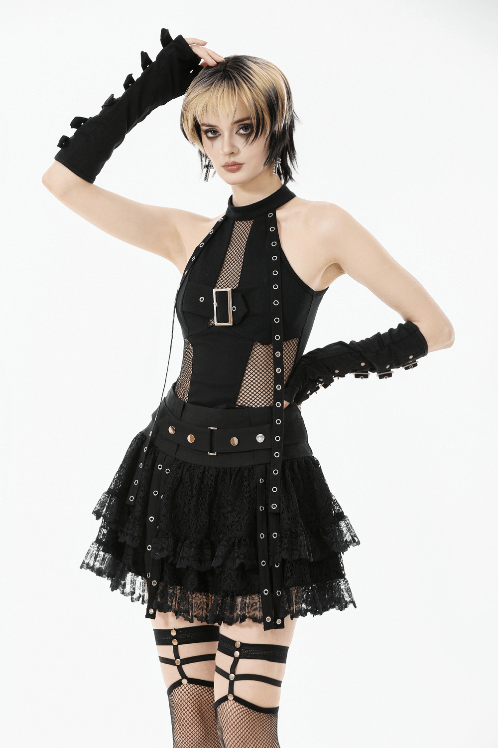 Black Lace Mini Skirt with Straps and Layered Ruffles