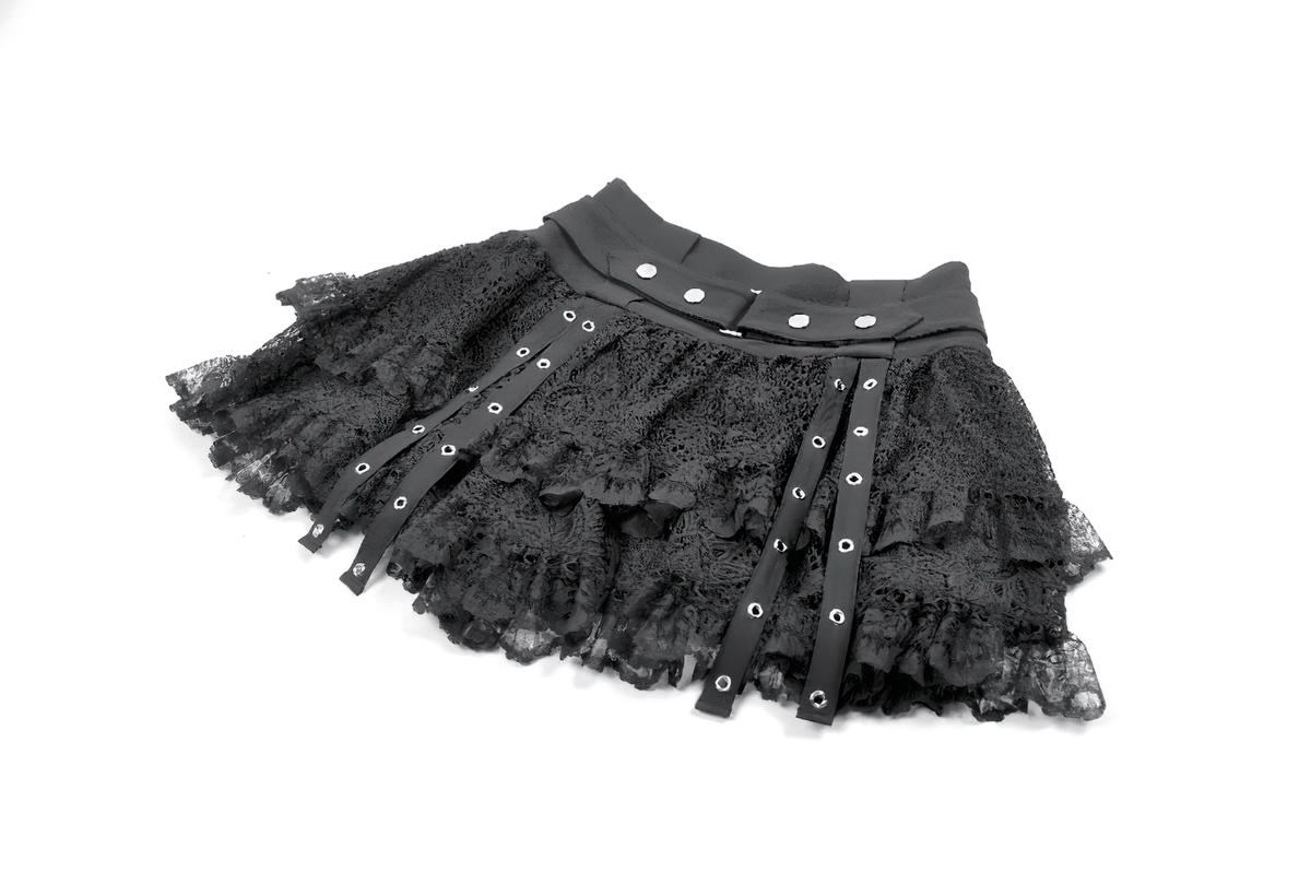 Black Lace Mini Skirt with Straps and Layered Ruffles