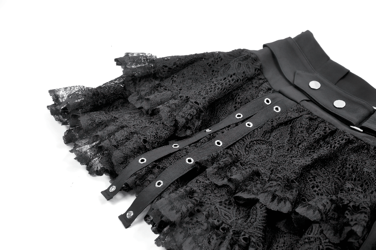 Black Lace Mini Skirt with Straps and Layered Ruffles