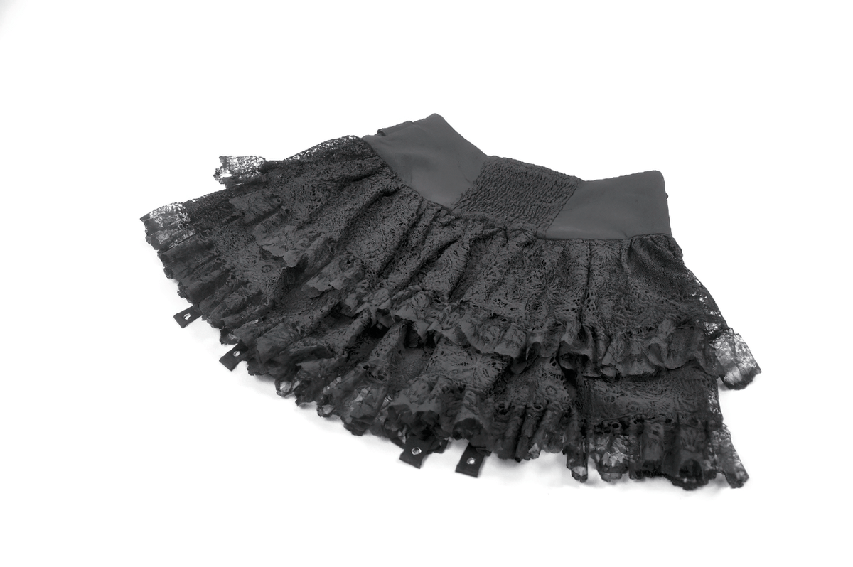 Black Lace Mini Skirt with Straps and Layered Ruffles
