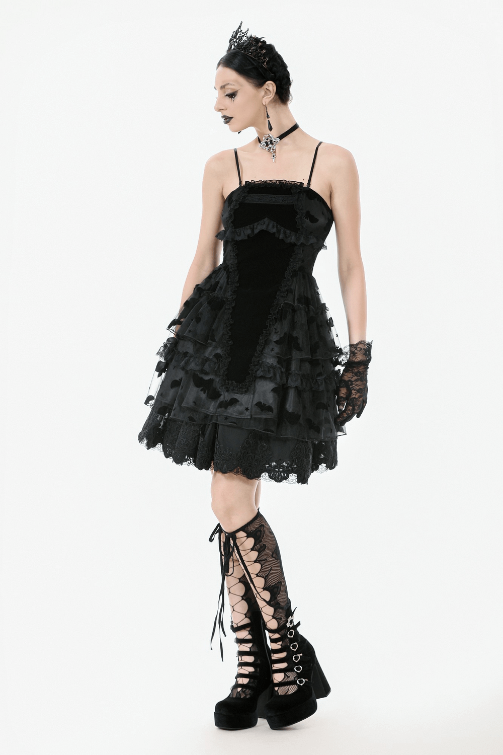 US SALE of Black Lace Ruffled Gothic Dress with Bat Print and Lace-Up