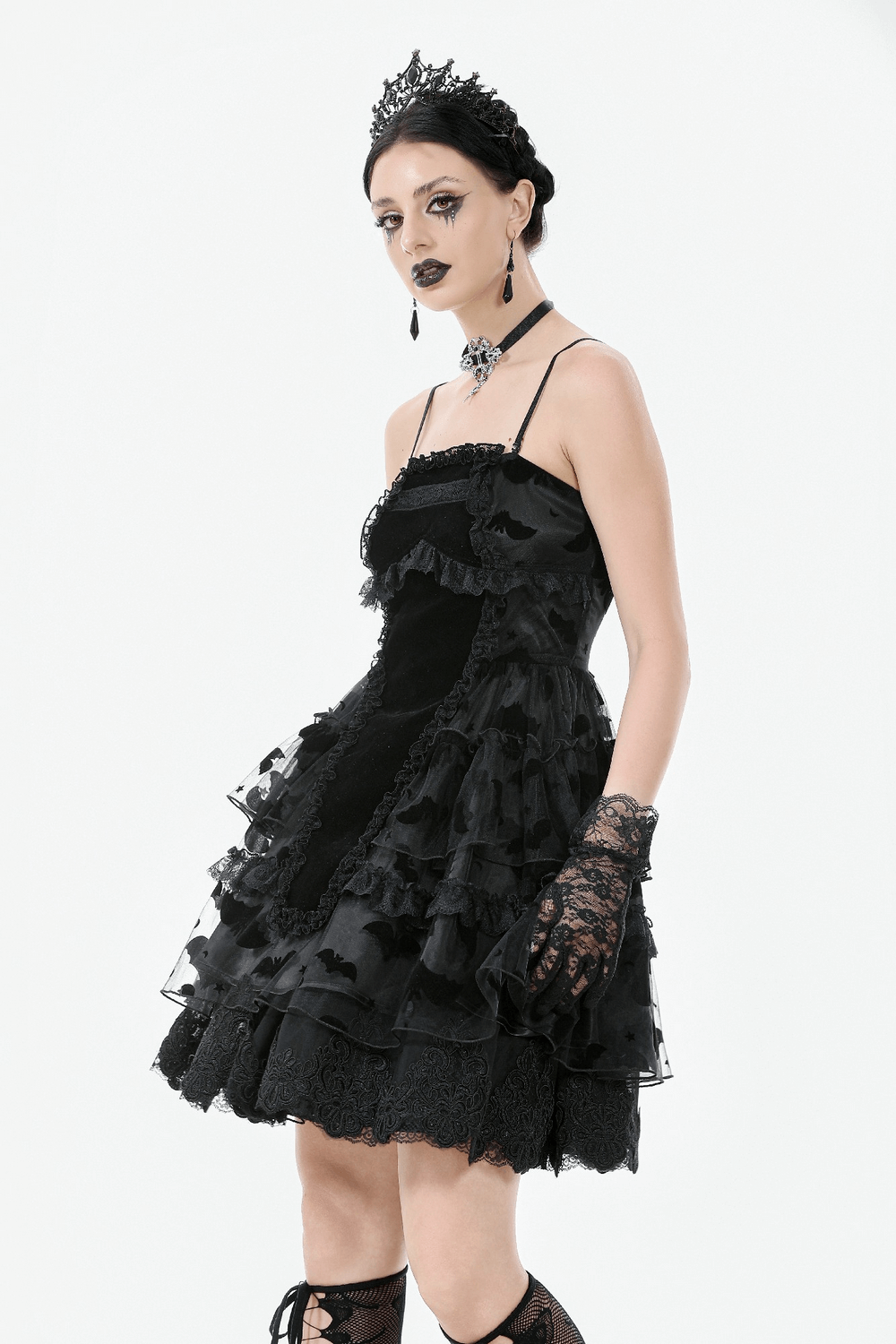 US SALE of Black Lace Ruffled Gothic Dress with Bat Print and Lace-Up