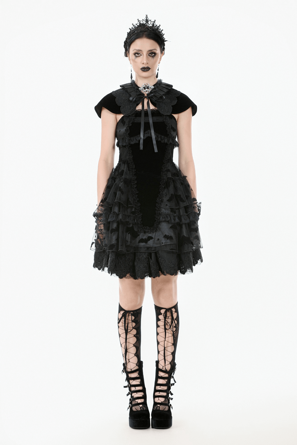 US SALE of Black Lace Ruffled Gothic Dress with Bat Print and Lace-Up