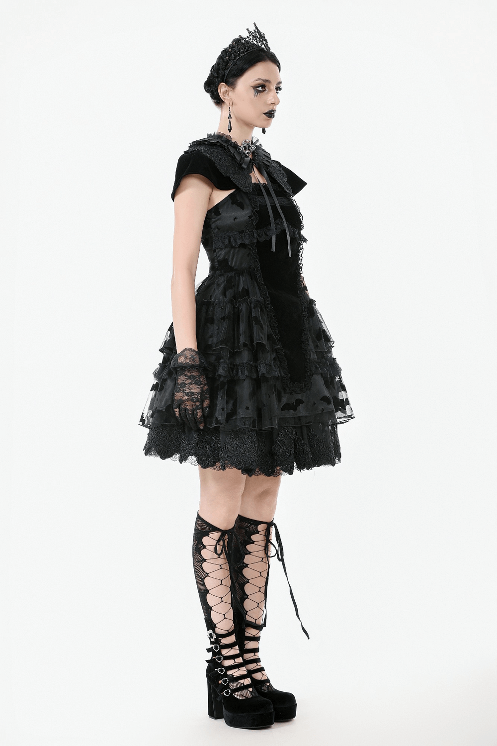 US SALE of Black Lace Ruffled Gothic Dress with Bat Print and Lace-Up