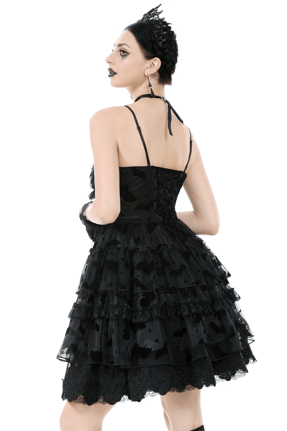 US SALE of Black Lace Ruffled Gothic Dress with Bat Print and Lace-Up