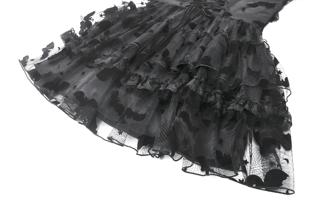 US SALE of Black Lace Ruffled Gothic Dress with Bat Print and Lace-Up