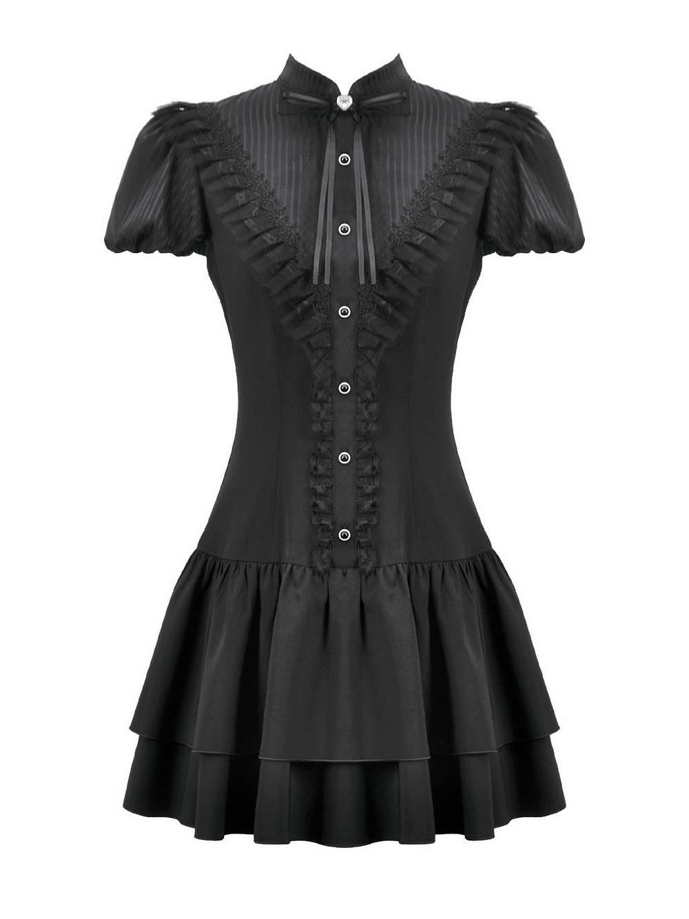 Black Lace Ruffled Gothic Dress with Puff Sleeves and Bow