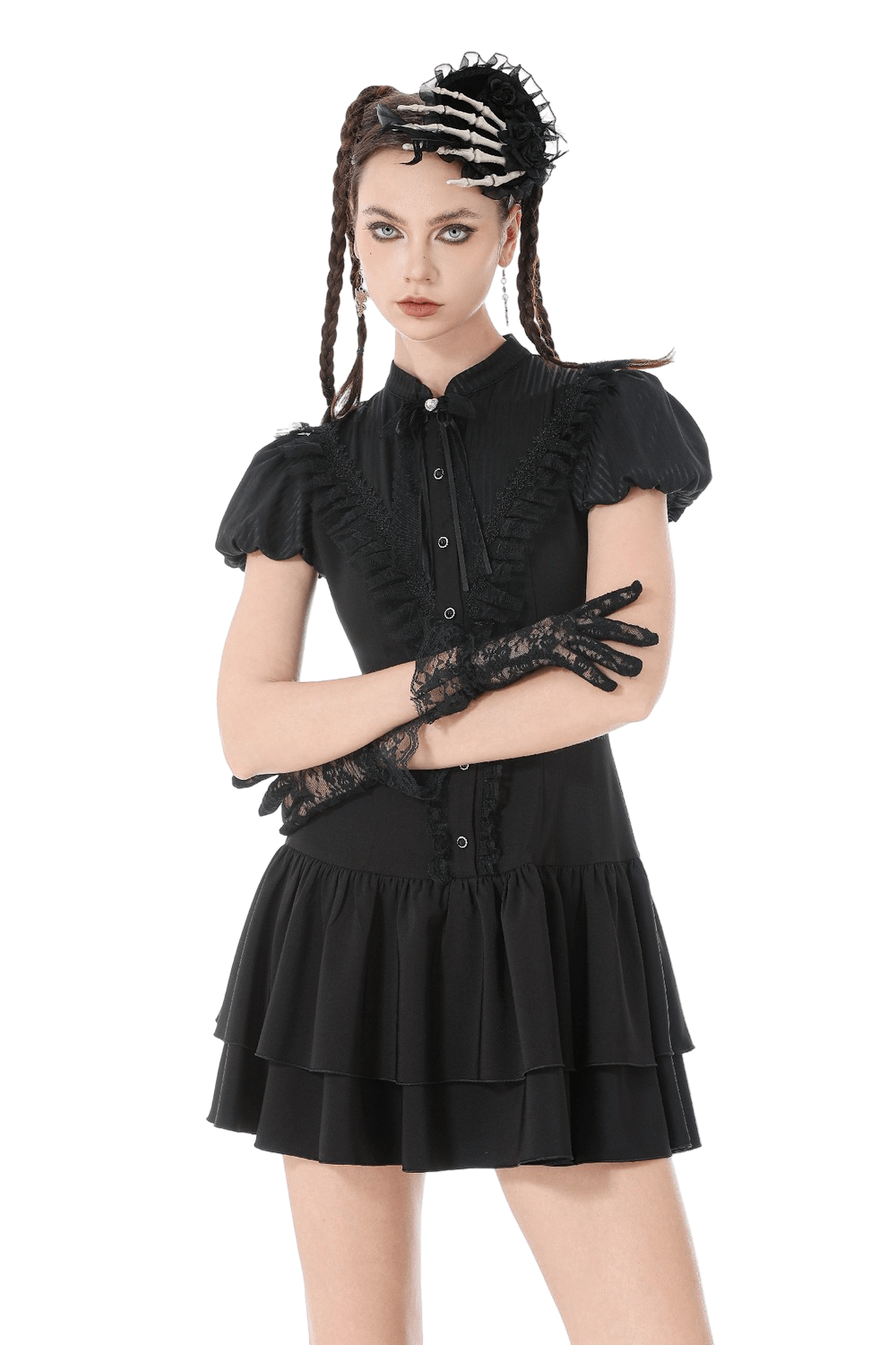 Black Lace Ruffled Gothic Dress with Puff Sleeves and Bow