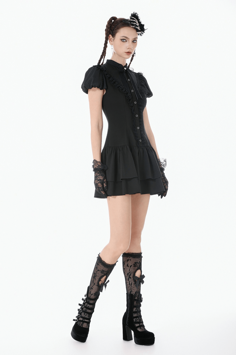 Black Lace Ruffled Gothic Dress with Puff Sleeves and Bow