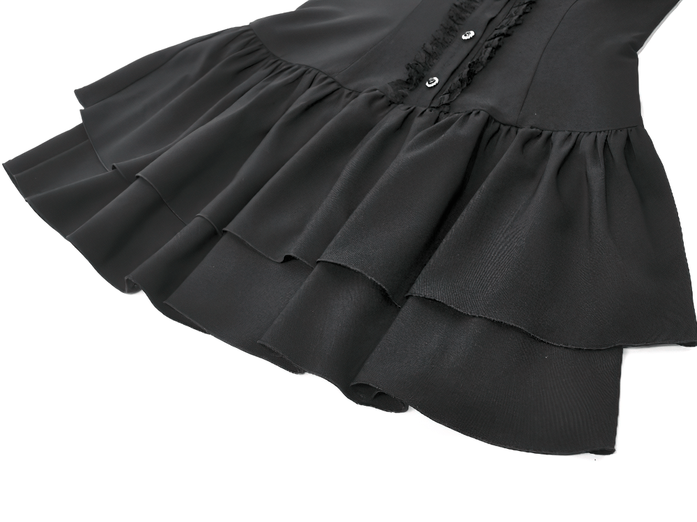 Black Lace Ruffled Gothic Dress with Puff Sleeves and Bow