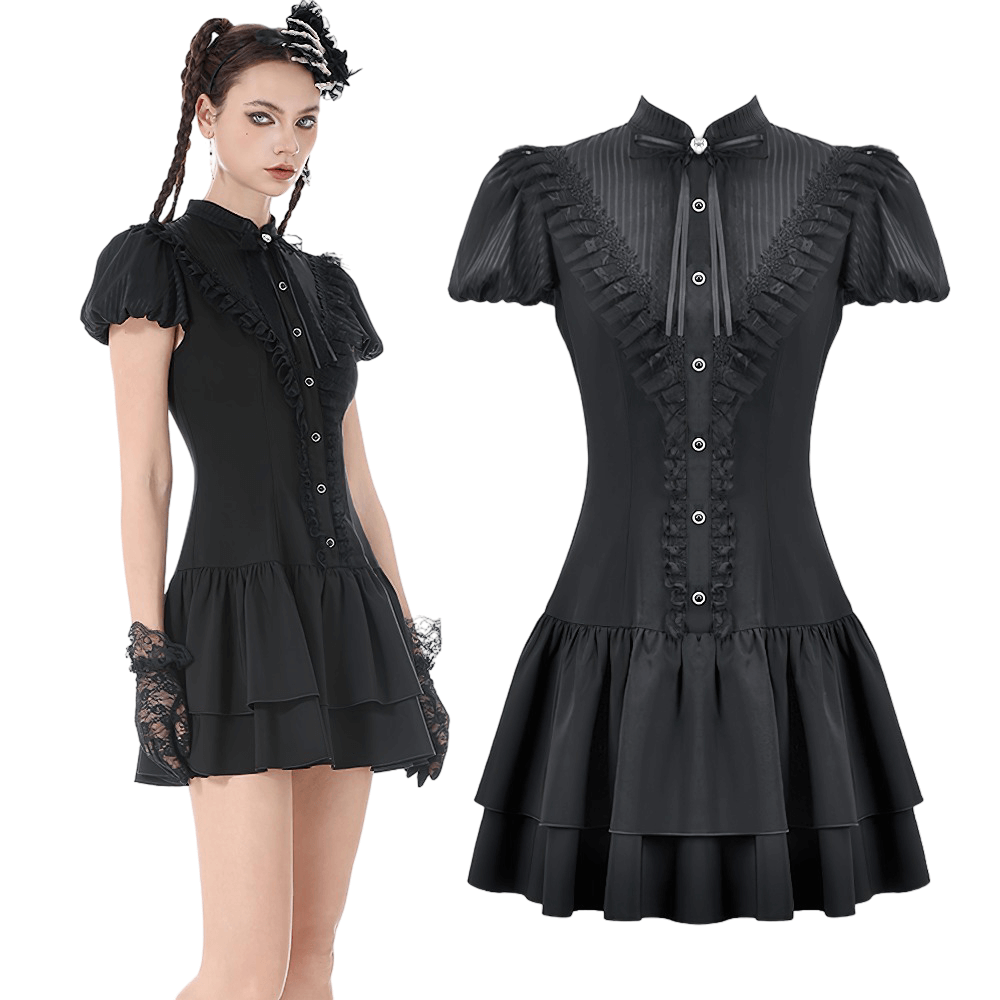Black Lace Ruffled Gothic Dress with Puff Sleeves and Bow