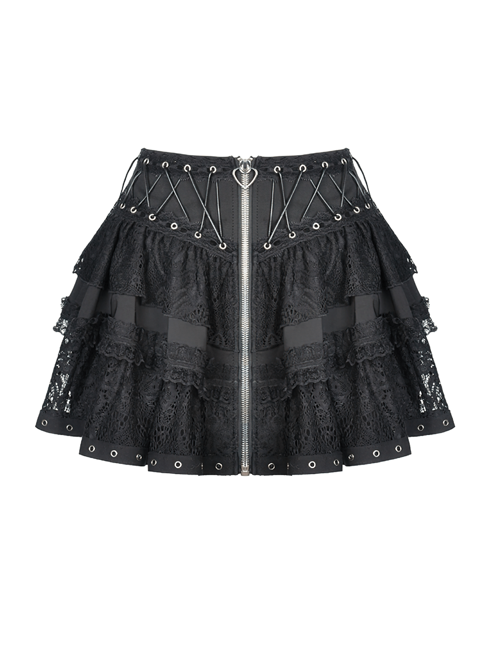 Black Lace Ruffled Skirt with Adjustable Lacing and Zip