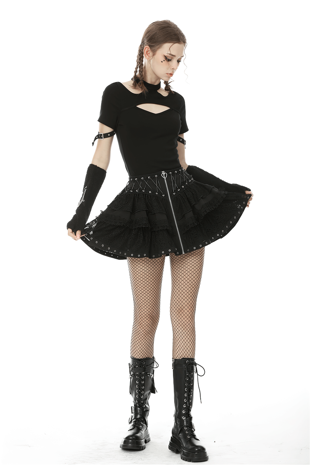 Black Lace Ruffled Skirt with Adjustable Lacing and Zip