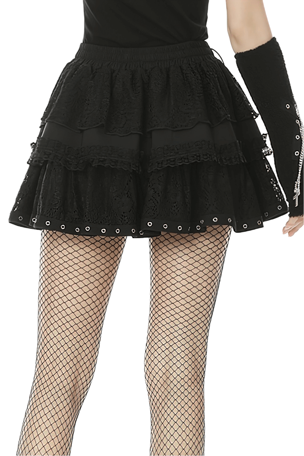 Black Lace Ruffled Skirt with Adjustable Lacing and Zip