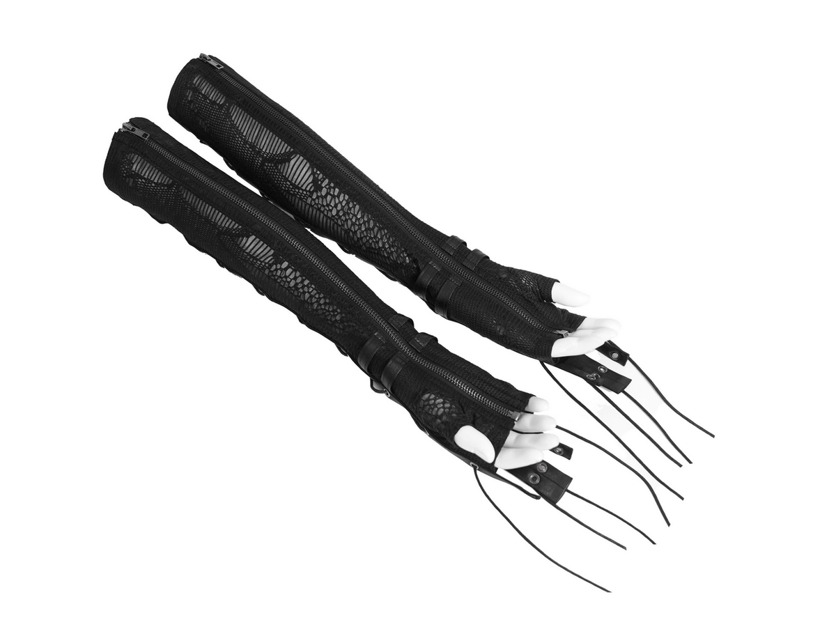 Black Lace-Up Gothic Arm Warmers with Mesh Panels