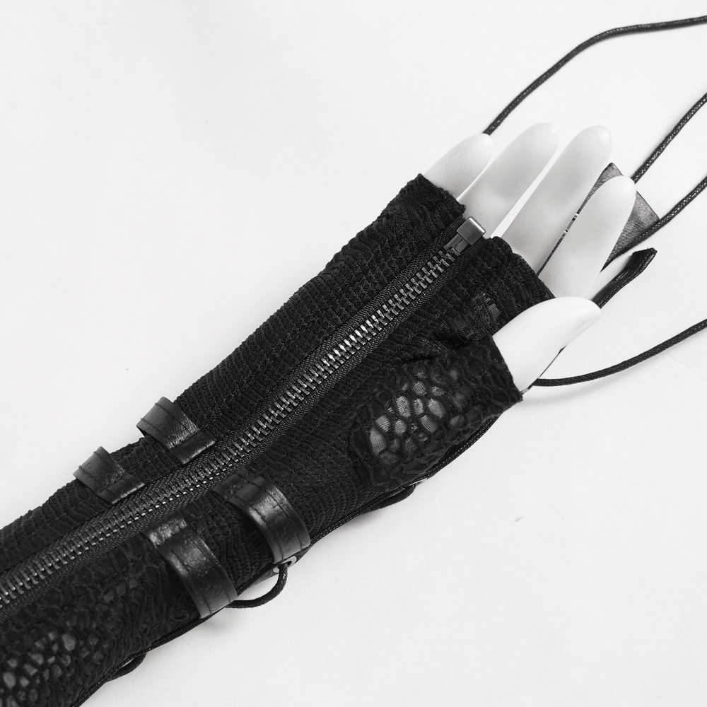 Black Lace-Up Gothic Arm Warmers with Mesh Panels