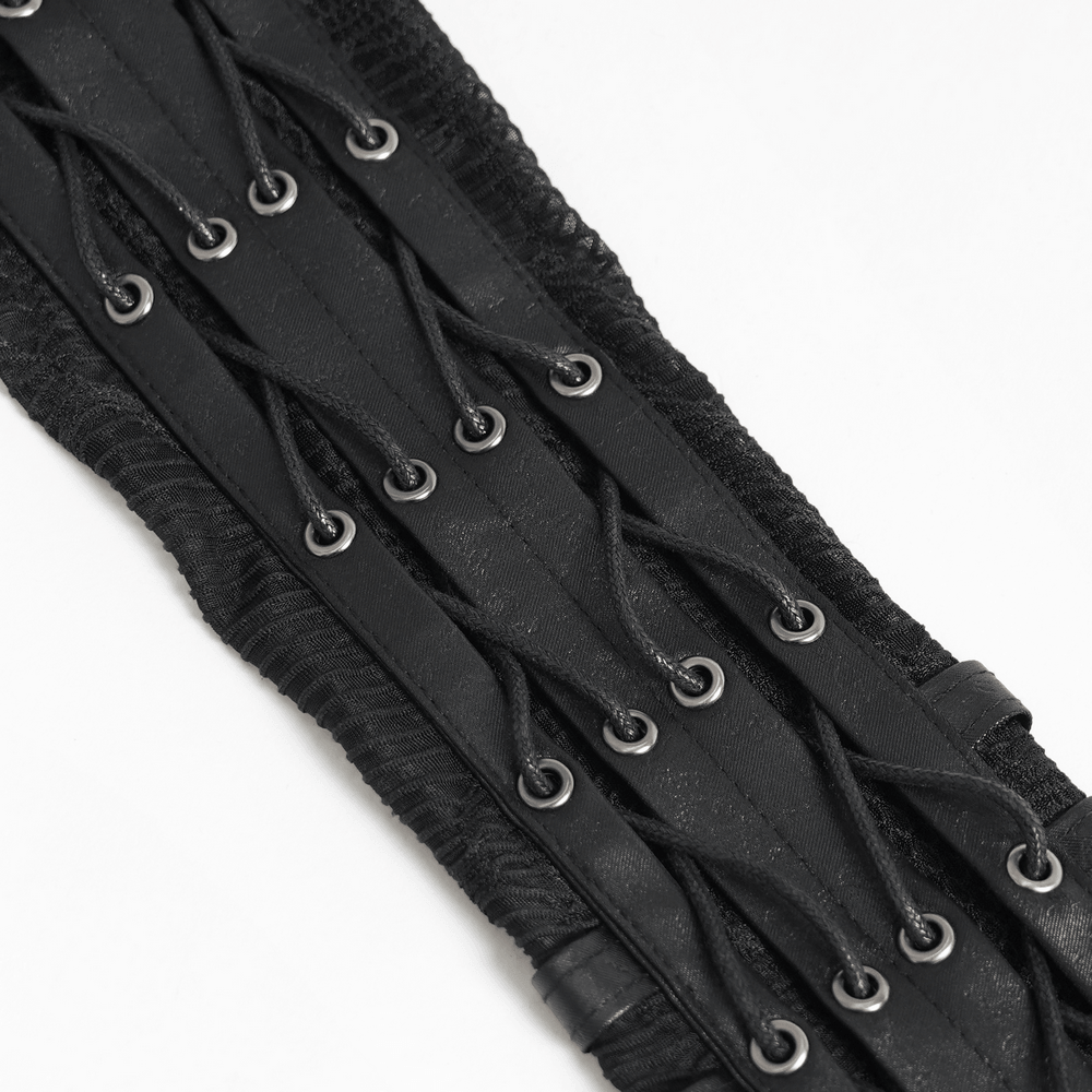 Black Lace-Up Gothic Arm Warmers with Mesh Panels