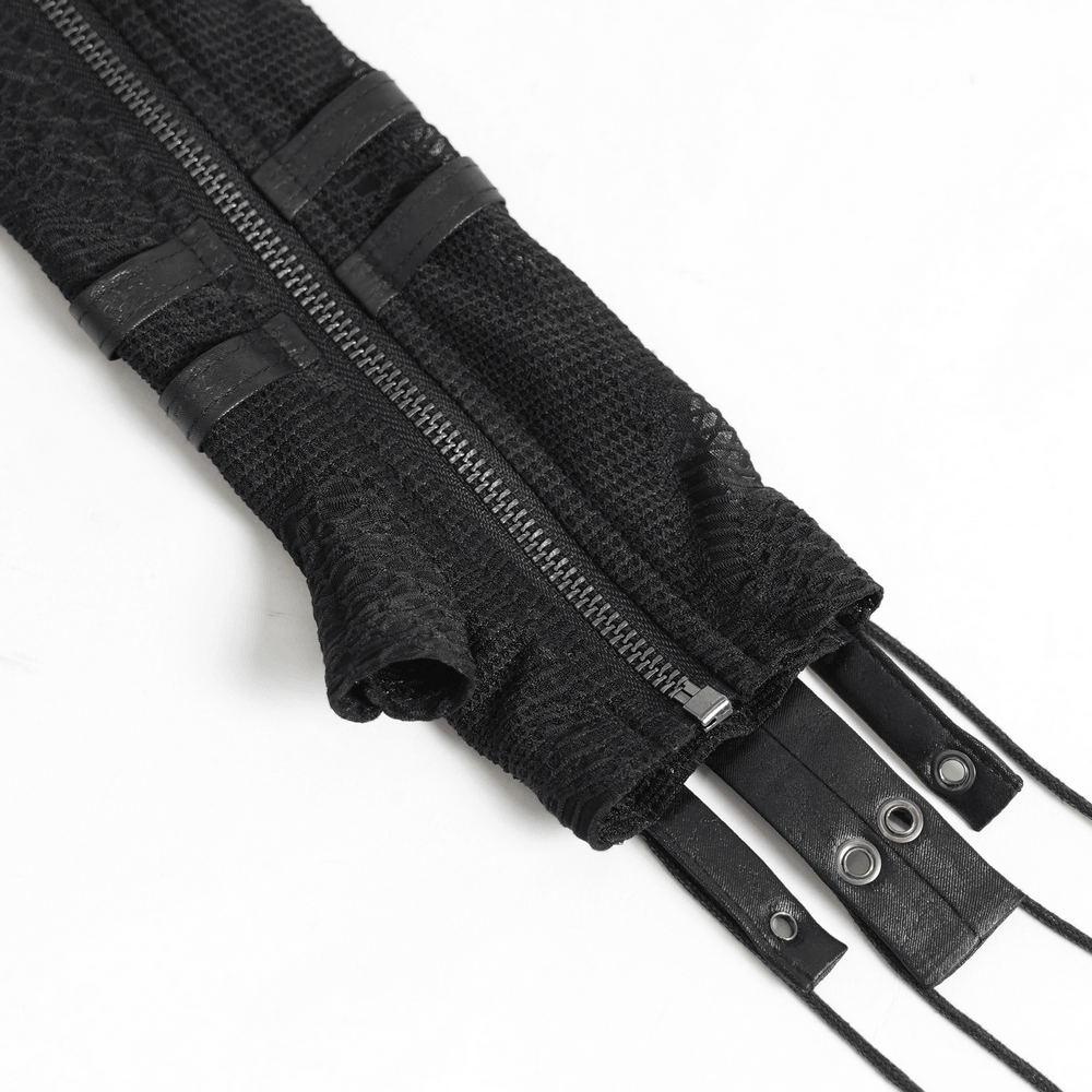 Black Lace-Up Gothic Arm Warmers with Mesh Panels