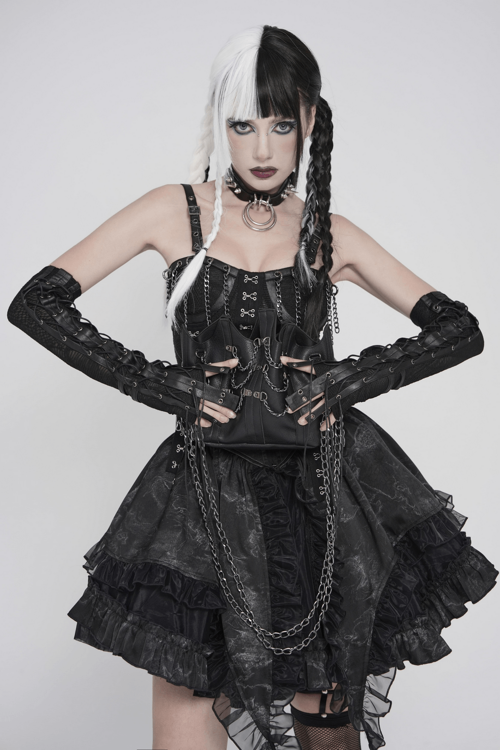 Black Lace-Up Gothic Arm Warmers with Mesh Panels