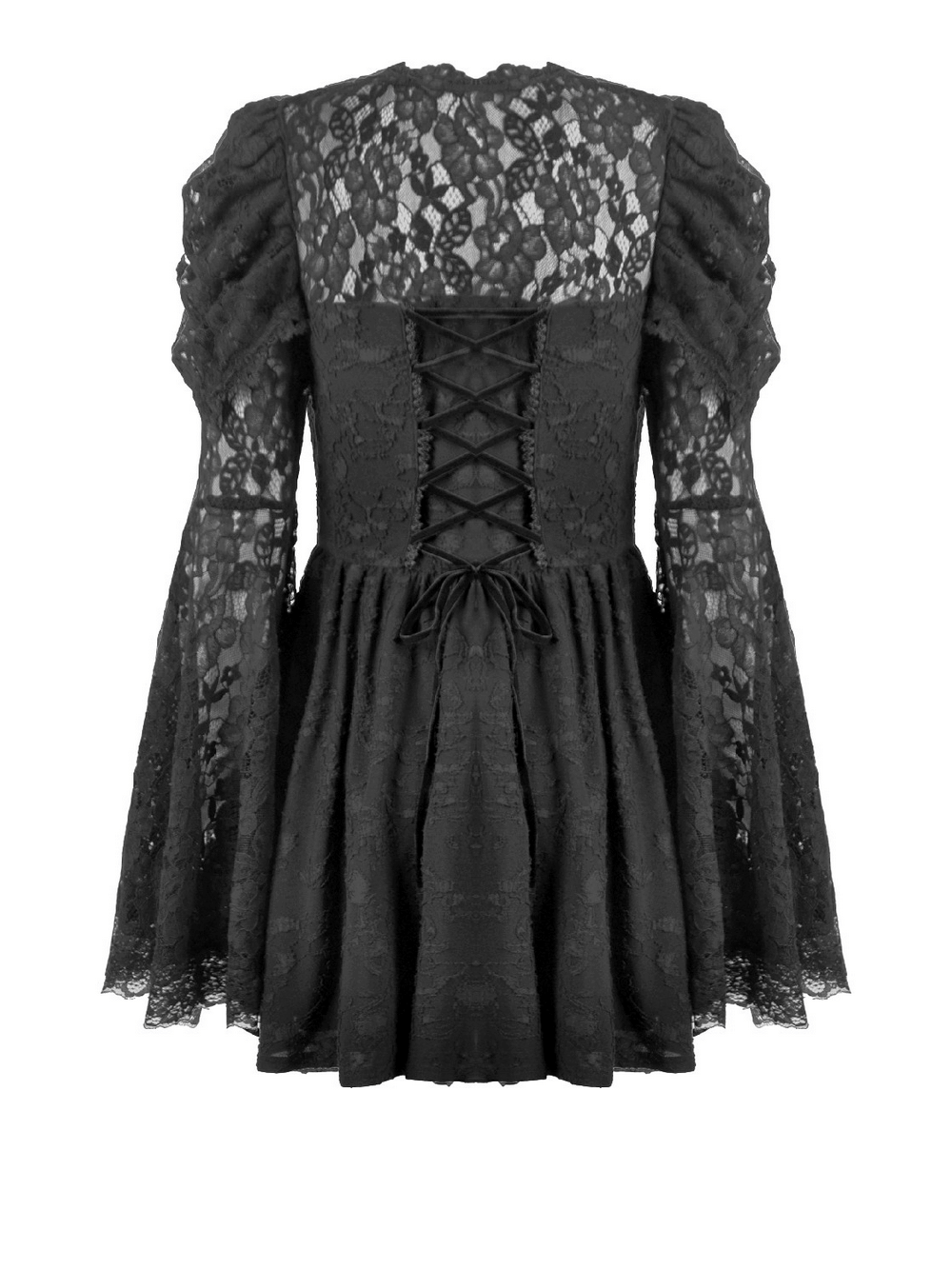 Black Lace-Up Gothic Mini Dress with Bell Sleeves
