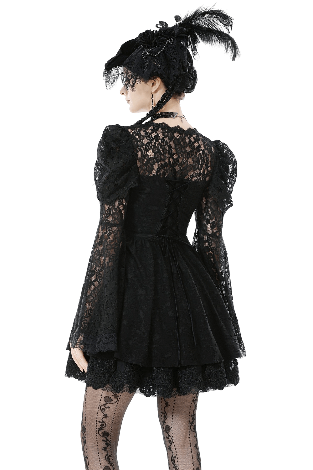 Black Lace-Up Gothic Mini Dress with Bell Sleeves