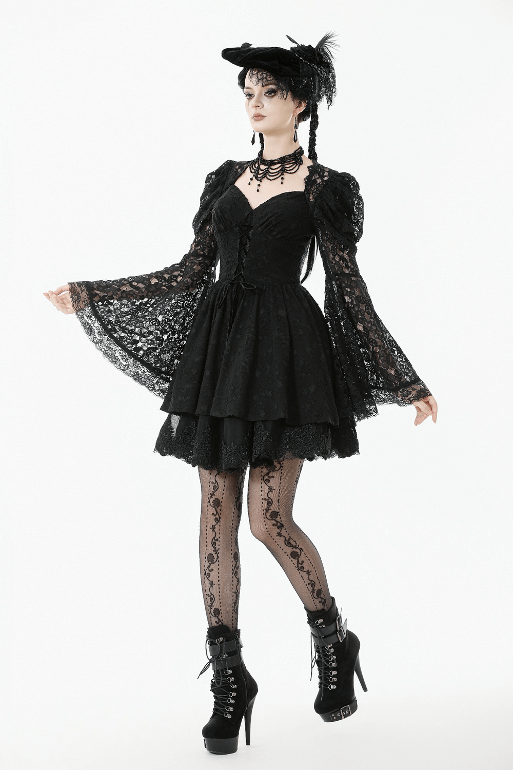 Black Lace-Up Gothic Mini Dress with Bell Sleeves