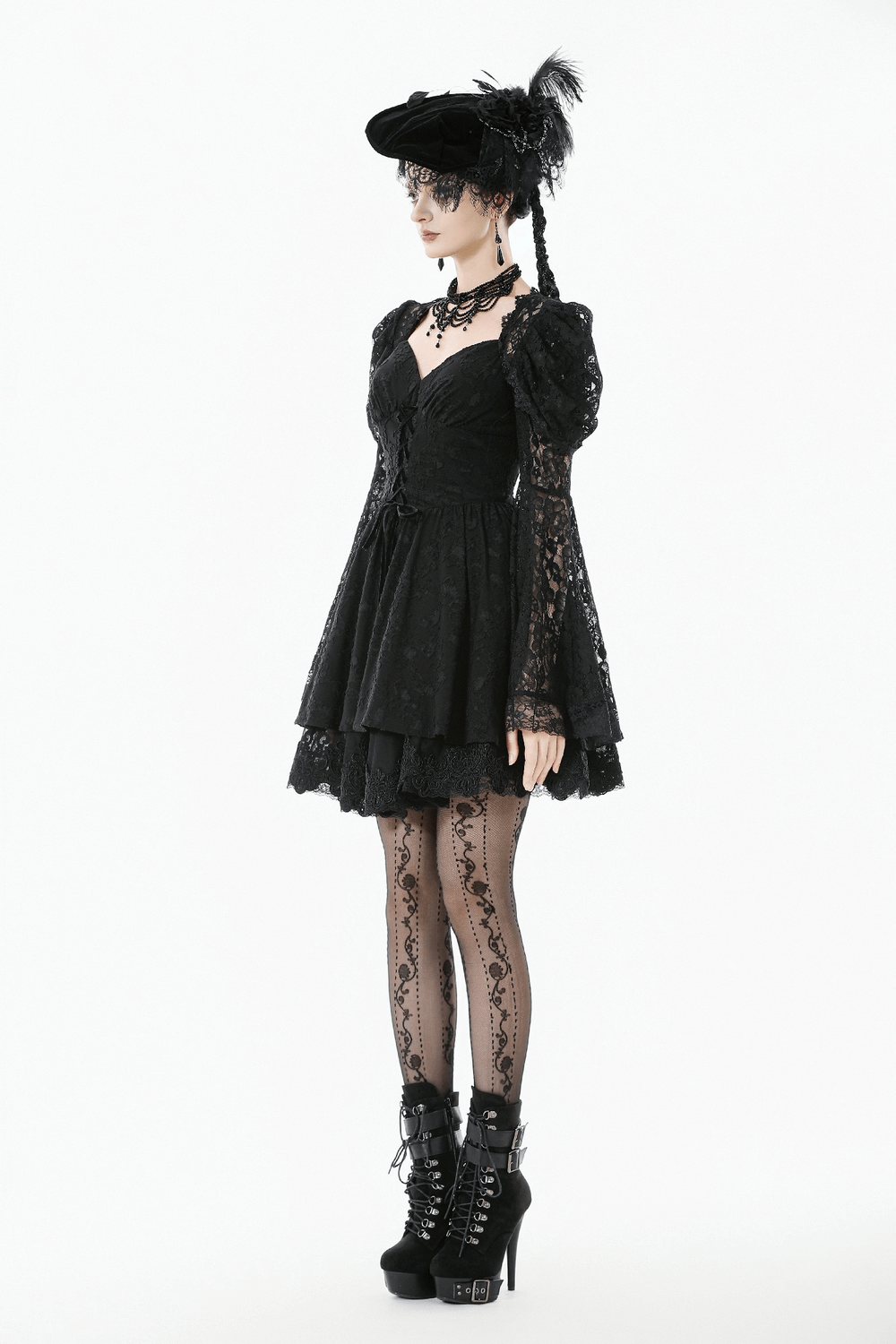 Black Lace-Up Gothic Mini Dress with Bell Sleeves