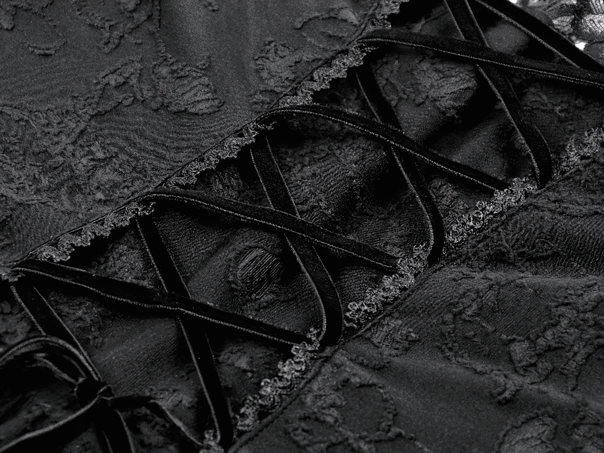Black Lace-Up Gothic Mini Dress with Bell Sleeves