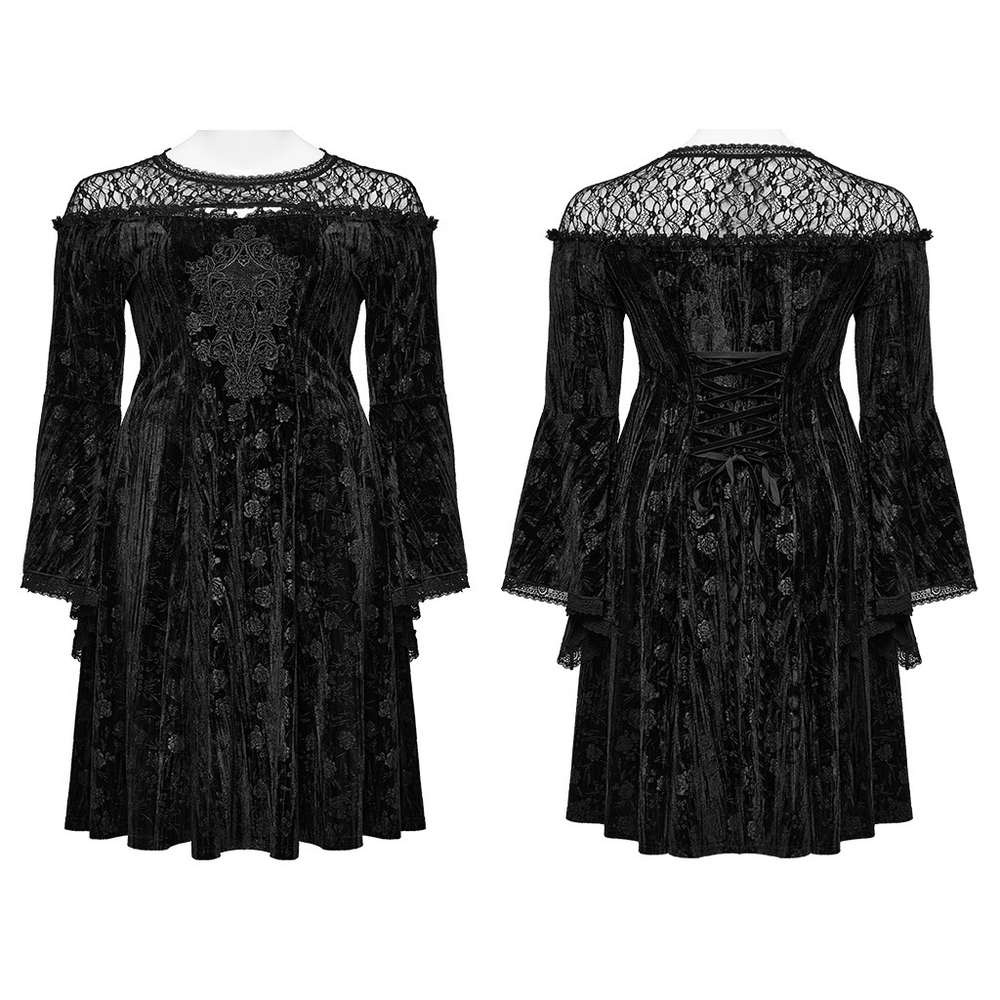 Black Lace Velvet Roses Dress - Gothic Elegance