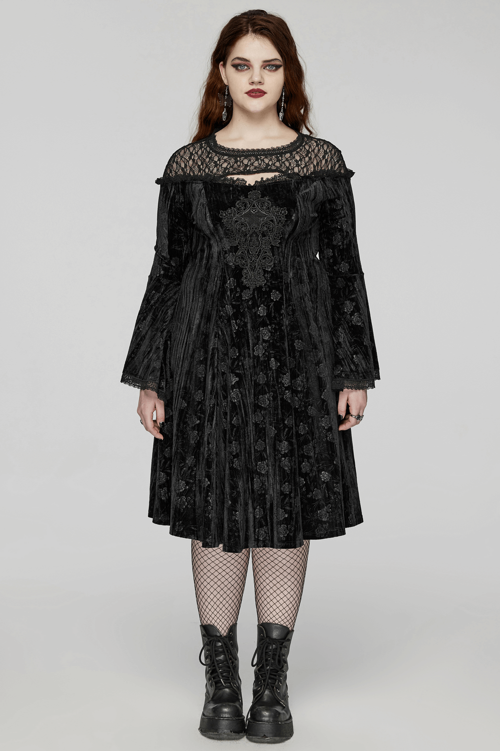 Black Lace Velvet Roses Dress - Gothic Elegance